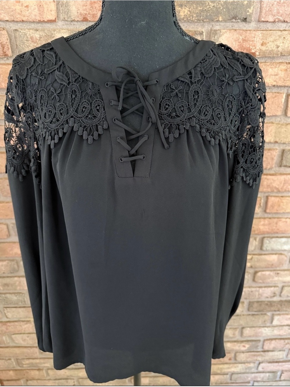 Express Black Lace-Trim Long Sleeve Blouse with Lace-Up Front